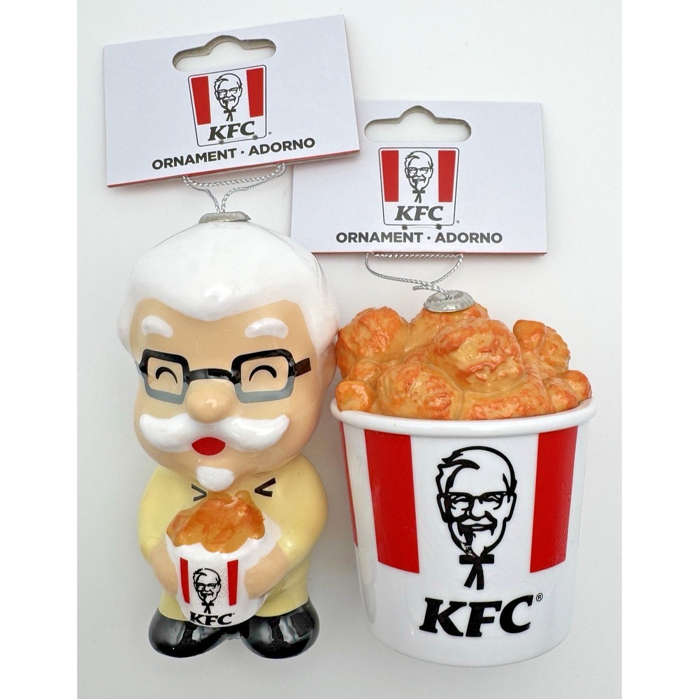 KFC Bucket Of Chicken + Colonel Sanders Plastic Christmas Ornament Lot 4" Ruz